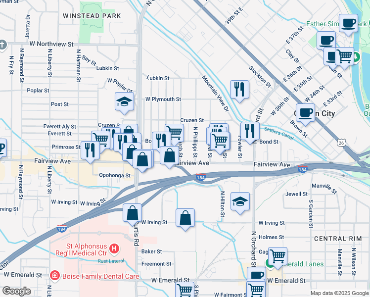 map of restaurants, bars, coffee shops, grocery stores, and more near 5544 West Fairview Avenue in Boise