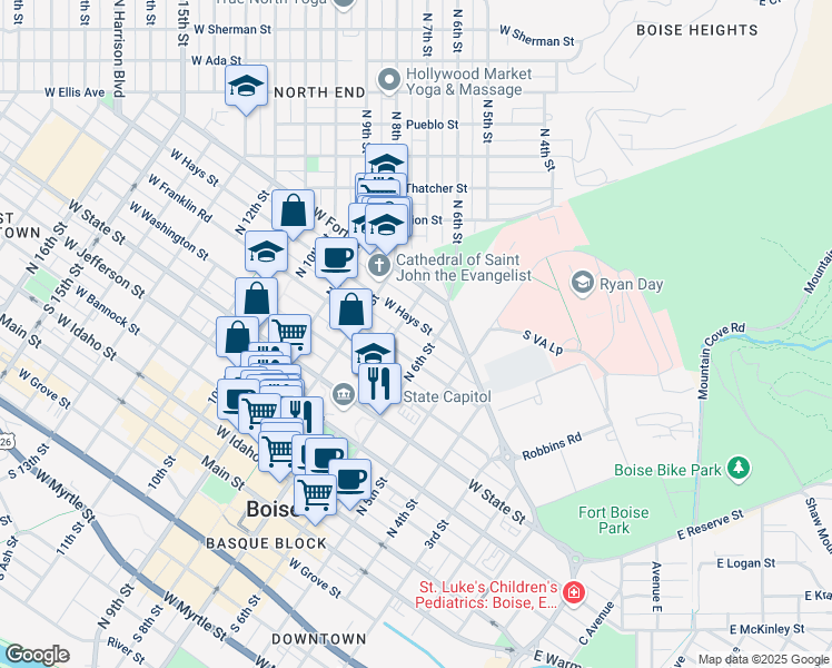 map of restaurants, bars, coffee shops, grocery stores, and more near 615 West Hays Street in Boise