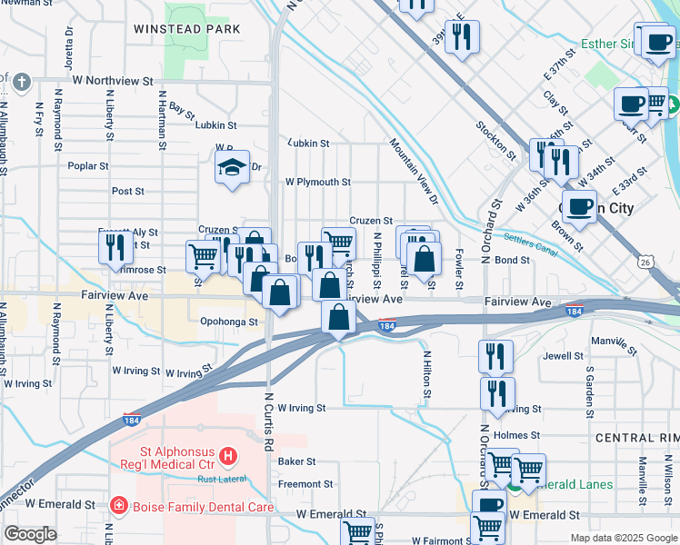 map of restaurants, bars, coffee shops, grocery stores, and more near 5544 West Fairview Avenue in Boise