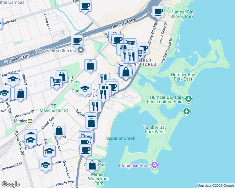 map of restaurants, bars, coffee shops, grocery stores, and more near in Toronto