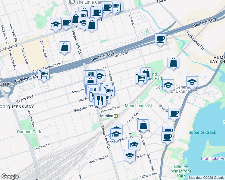 map of restaurants, bars, coffee shops, grocery stores, and more near in Toronto