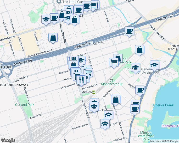 map of restaurants, bars, coffee shops, grocery stores, and more near in Toronto