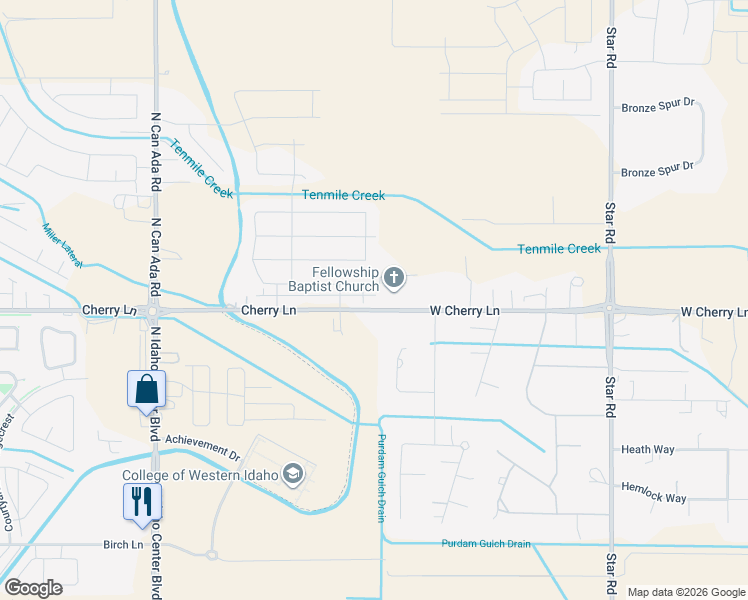 map of restaurants, bars, coffee shops, grocery stores, and more near 5494 Cherry Lane in Nampa