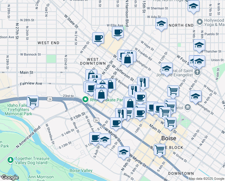 map of restaurants, bars, coffee shops, grocery stores, and more near 1401 West Idaho Street in Boise