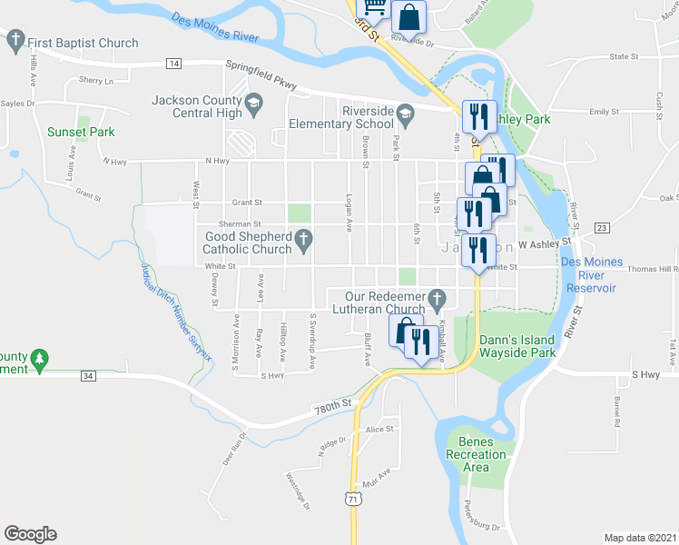 map of restaurants, bars, coffee shops, grocery stores, and more near 907 White Street in Jackson