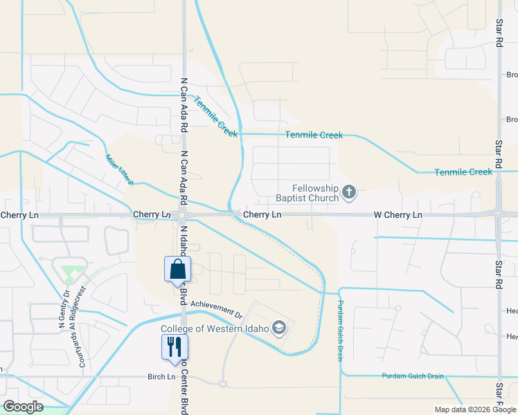 map of restaurants, bars, coffee shops, grocery stores, and more near 5720 Cherry Lane in Nampa