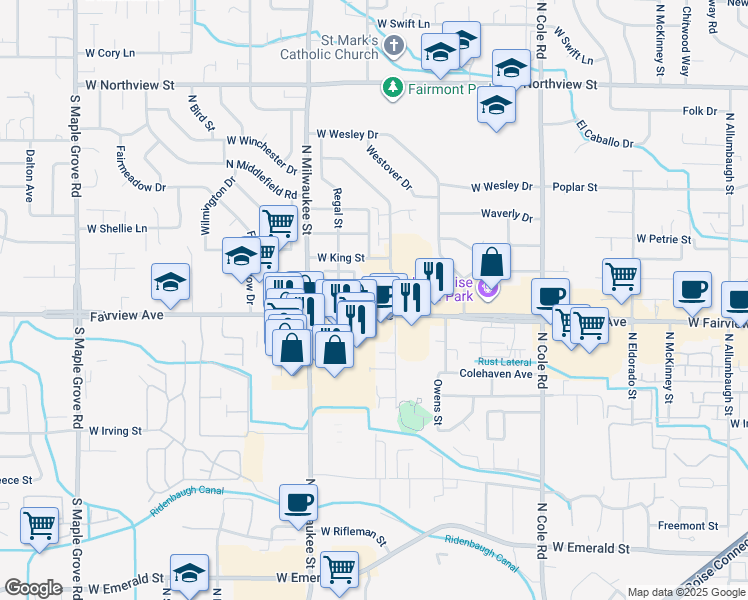 map of restaurants, bars, coffee shops, grocery stores, and more near 7970 West Fairview Avenue in Boise