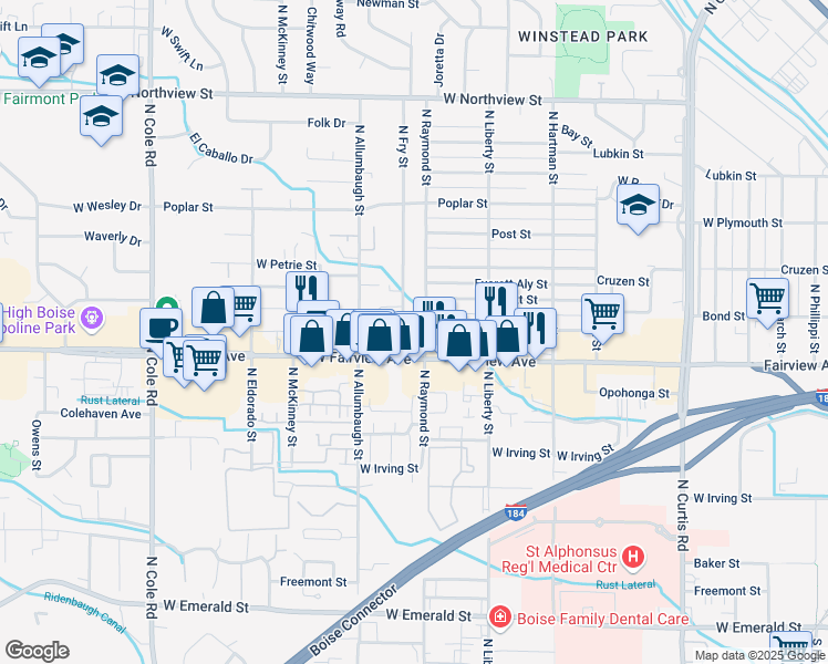 map of restaurants, bars, coffee shops, grocery stores, and more near 1612 North Raymond Street in Boise