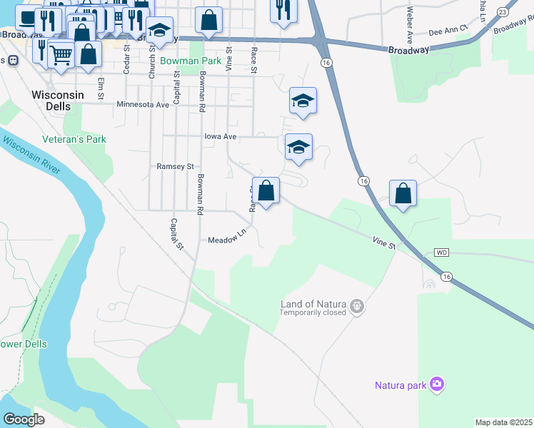 map of restaurants, bars, coffee shops, grocery stores, and more near 300 Race Street in Wisconsin Dells