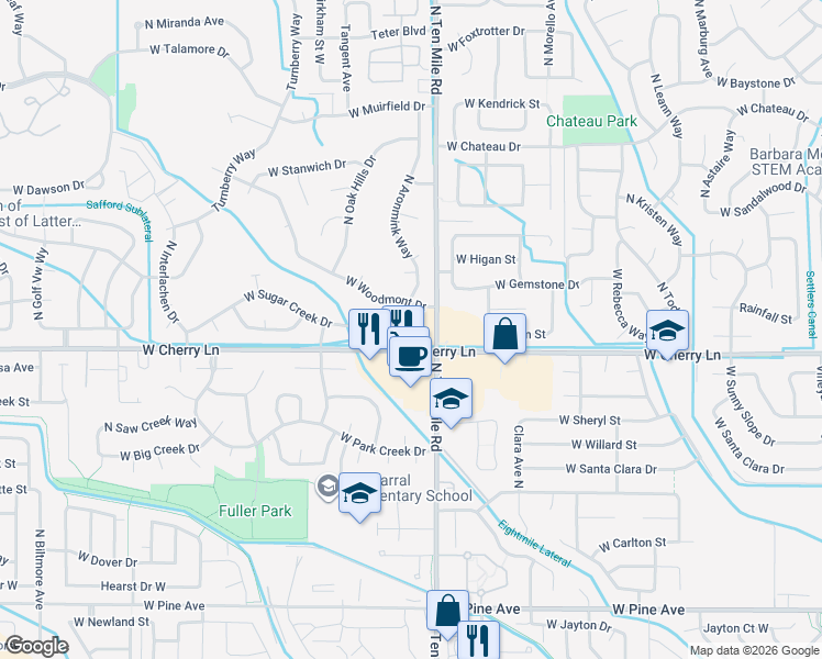 map of restaurants, bars, coffee shops, grocery stores, and more near 3288 West Sugar Creek Drive in Meridian