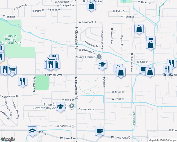 map of restaurants, bars, coffee shops, grocery stores, and more near 11910 West Fairview Avenue in Boise
