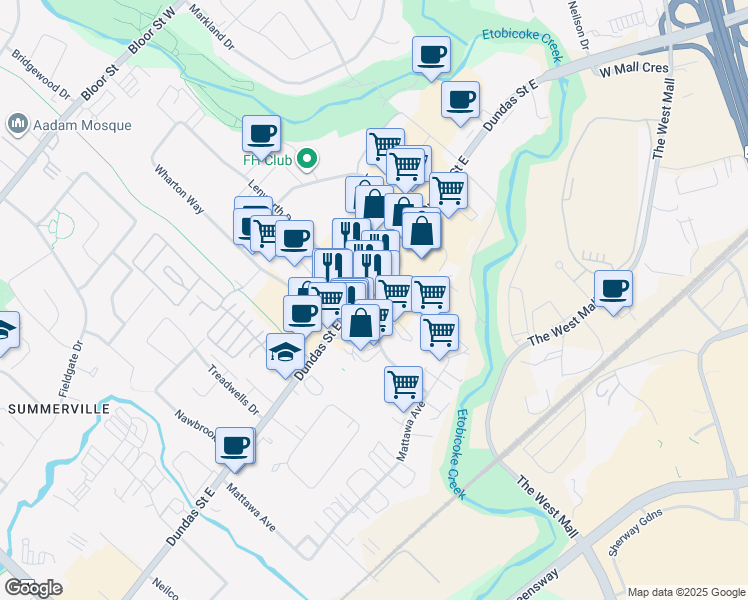 map of restaurants, bars, coffee shops, grocery stores, and more near 1900 Dundas Street East in Mississauga