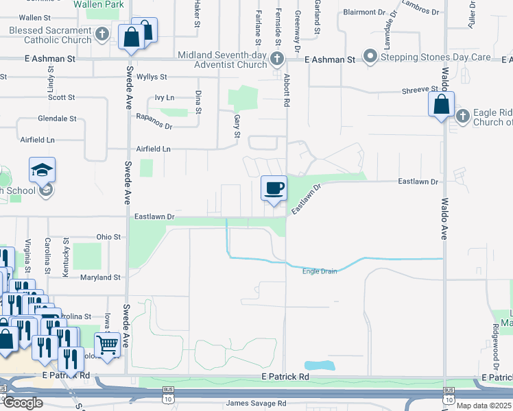 map of restaurants, bars, coffee shops, grocery stores, and more near 2408 Morning Dawn Drive in Midland