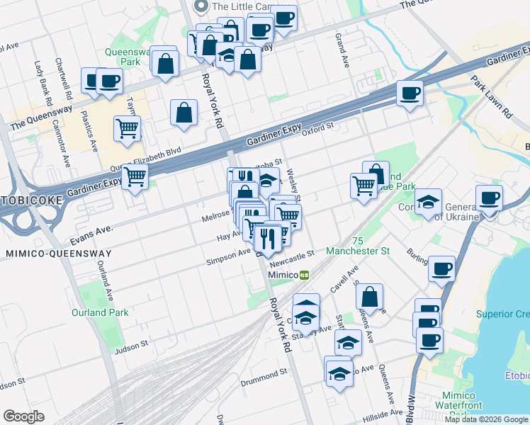 map of restaurants, bars, coffee shops, grocery stores, and more near 237 Melrose Street in Toronto