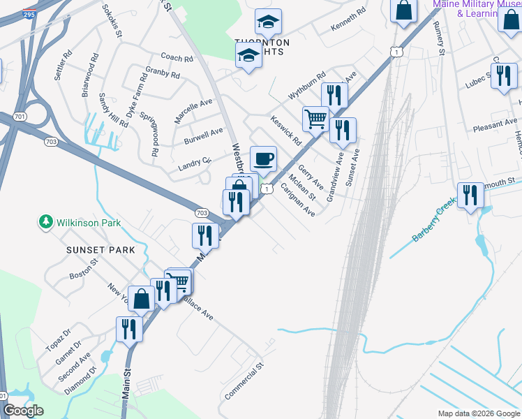 map of restaurants, bars, coffee shops, grocery stores, and more near 660 Main Street in South Portland