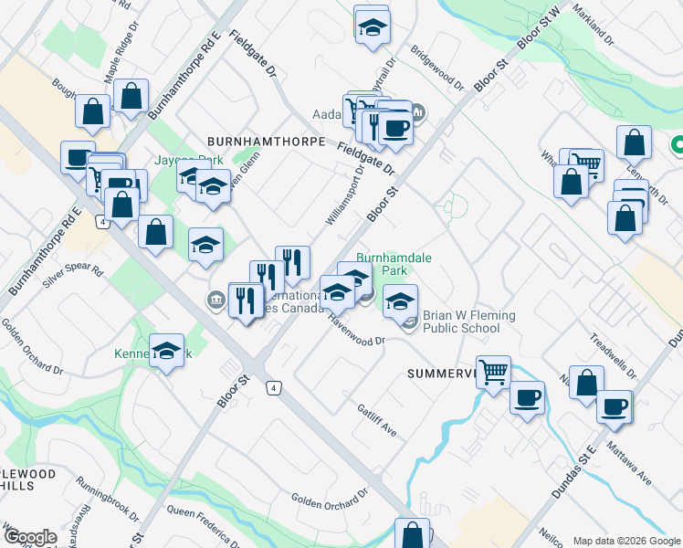 map of restaurants, bars, coffee shops, grocery stores, and more near 1560 Bloor Street in Mississauga