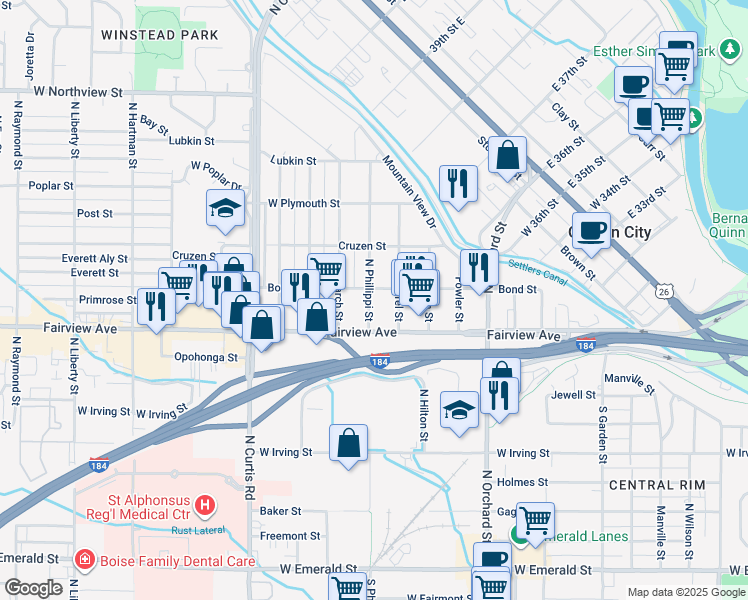 map of restaurants, bars, coffee shops, grocery stores, and more near 104 North Phillippi Street in Boise