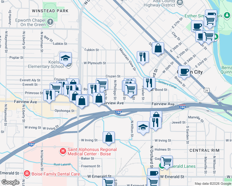 map of restaurants, bars, coffee shops, grocery stores, and more near 204 North Phillippi Street in Boise