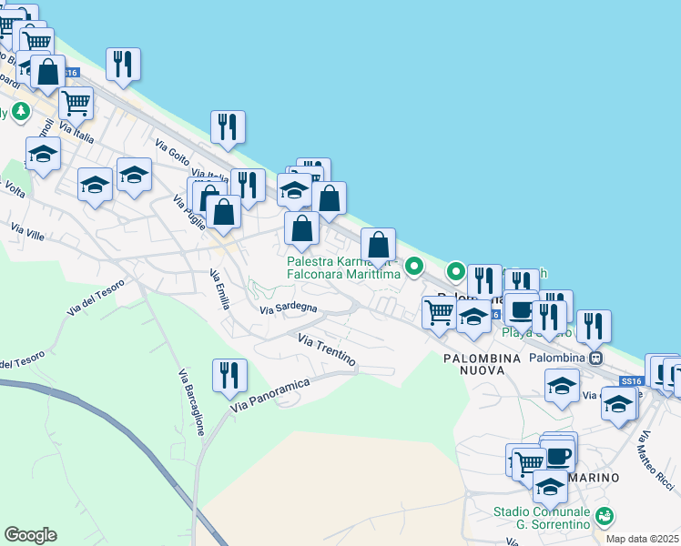 map of restaurants, bars, coffee shops, grocery stores, and more near 16 Via Piemonte in Falconara Marittima