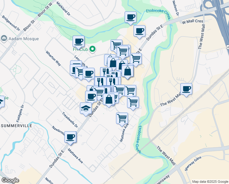 map of restaurants, bars, coffee shops, grocery stores, and more near 1900 Dundas Street East in Mississauga