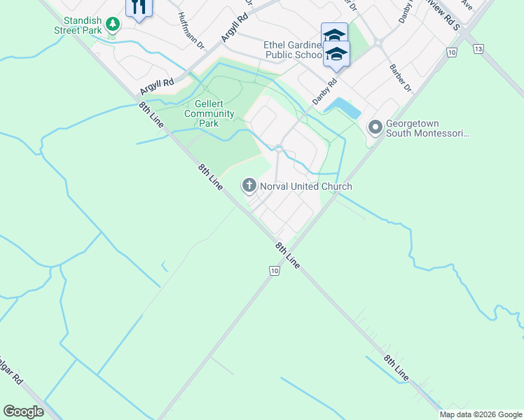 map of restaurants, bars, coffee shops, grocery stores, and more near 14012 Danby Road in Halton Hills