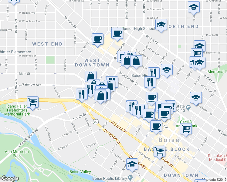 map of restaurants, bars, coffee shops, grocery stores, and more near 1322 West Idaho Street in Boise