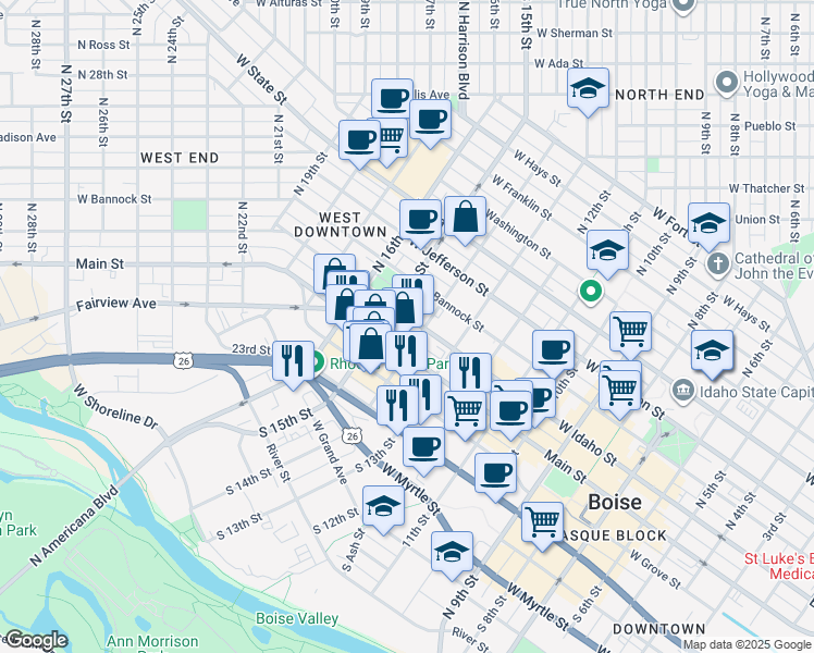 map of restaurants, bars, coffee shops, grocery stores, and more near 1422 Main Street in Boise