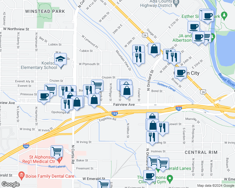 map of restaurants, bars, coffee shops, grocery stores, and more near 5256 West Fairview Avenue in Boise