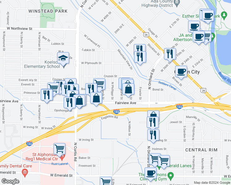 map of restaurants, bars, coffee shops, grocery stores, and more near 204 North Phillippi Street in Boise