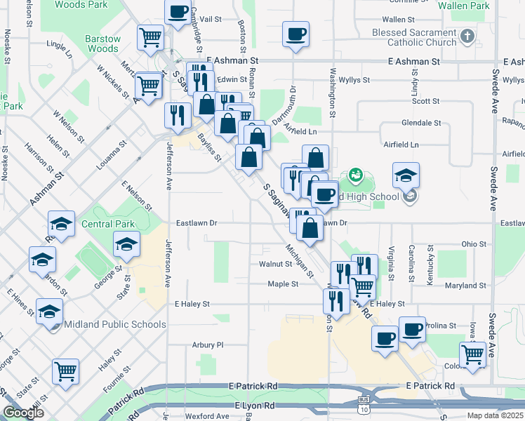 map of restaurants, bars, coffee shops, grocery stores, and more near 1019 Bayliss Street in Midland