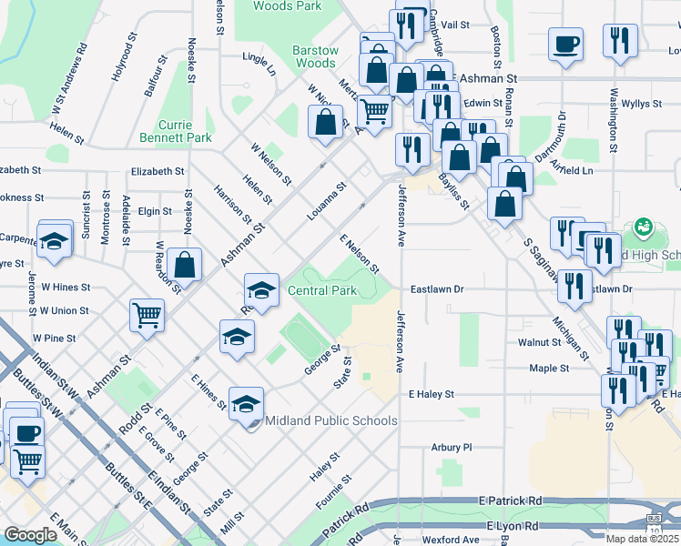 map of restaurants, bars, coffee shops, grocery stores, and more near in Midland