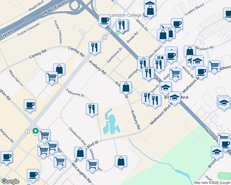 map of restaurants, bars, coffee shops, grocery stores, and more near 5800 Avebury Road in Mississauga