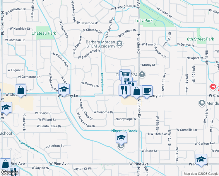 map of restaurants, bars, coffee shops, grocery stores, and more near 1947 West Silver Falls Court in Meridian