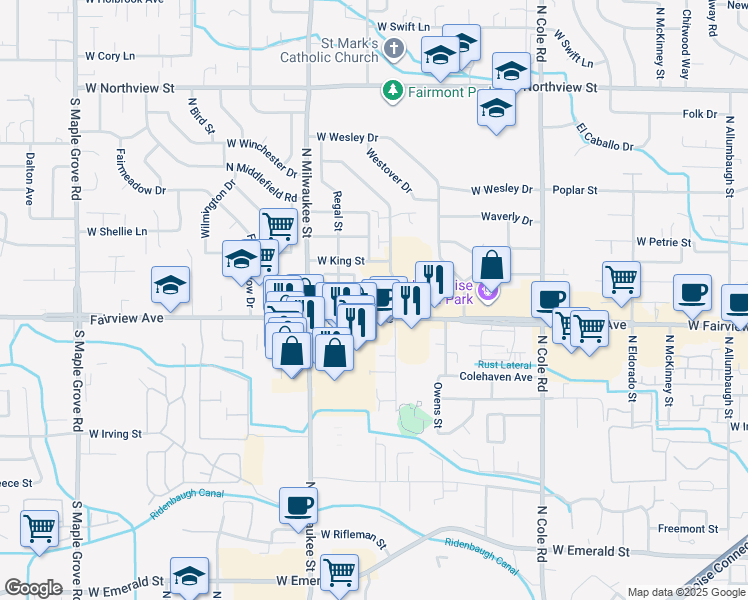 map of restaurants, bars, coffee shops, grocery stores, and more near 7970 West Fairview Avenue in Boise