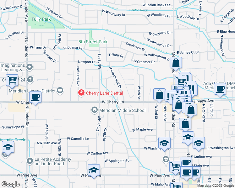 map of restaurants, bars, coffee shops, grocery stores, and more near 603 Lawndale Drive in Meridian