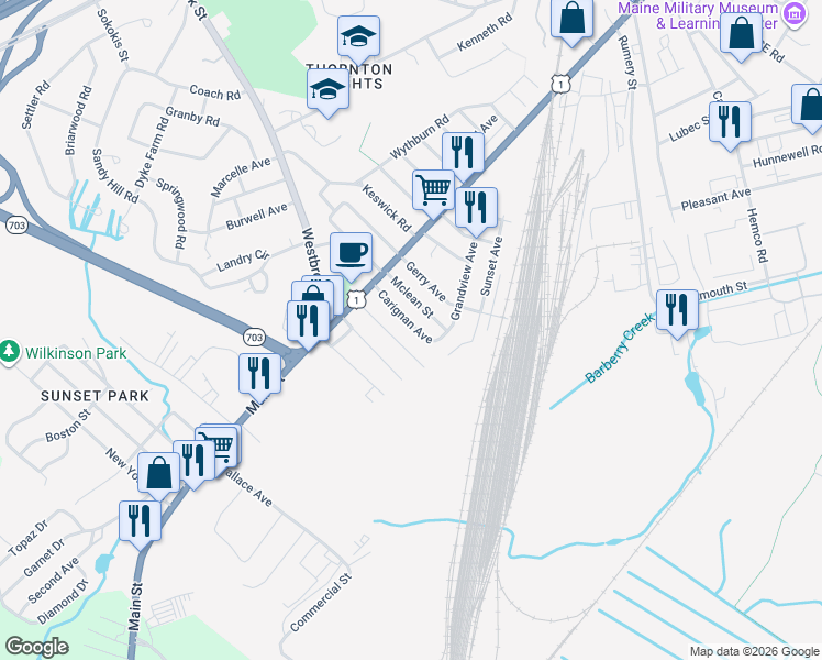 map of restaurants, bars, coffee shops, grocery stores, and more near 47 Grandview Avenue in South Portland