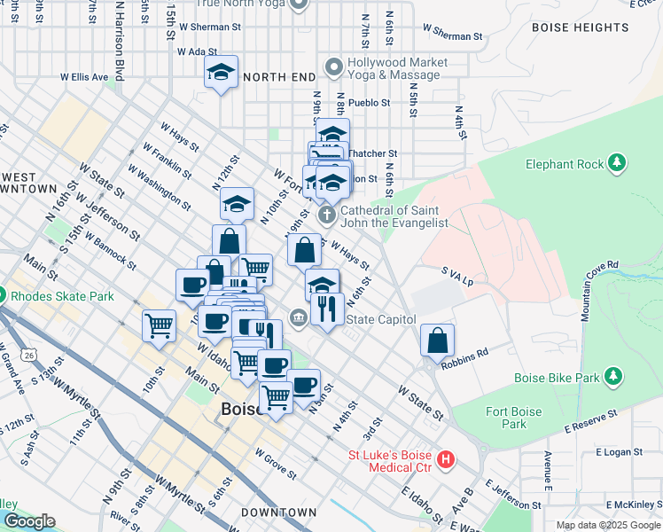 map of restaurants, bars, coffee shops, grocery stores, and more near 623 West Hays Street in Boise