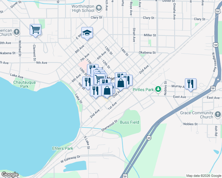 map of restaurants, bars, coffee shops, grocery stores, and more near 229 11th Street in Worthington