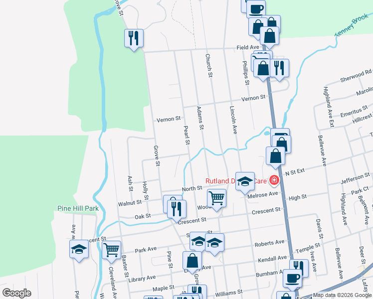 map of restaurants, bars, coffee shops, grocery stores, and more near 183 Pearl St in Rutland
