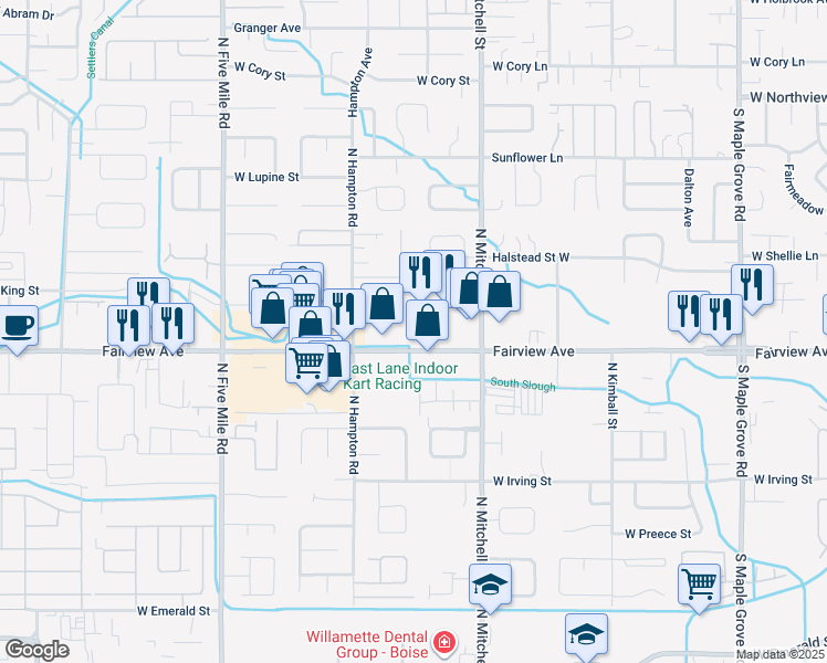 map of restaurants, bars, coffee shops, grocery stores, and more near 10020 West Fairview Avenue in Boise
