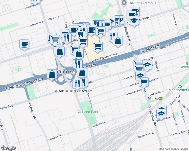 map of restaurants, bars, coffee shops, grocery stores, and more near 55 Ruby Lang Lane in Toronto