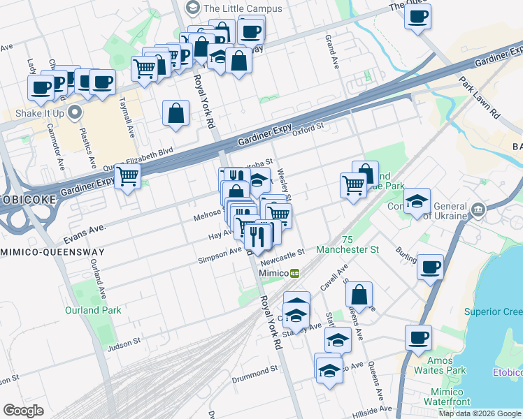 map of restaurants, bars, coffee shops, grocery stores, and more near 233 Melrose Street in Toronto