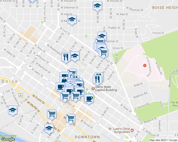 map of restaurants, bars, coffee shops, grocery stores, and more near 820 West Washington Street in Boise