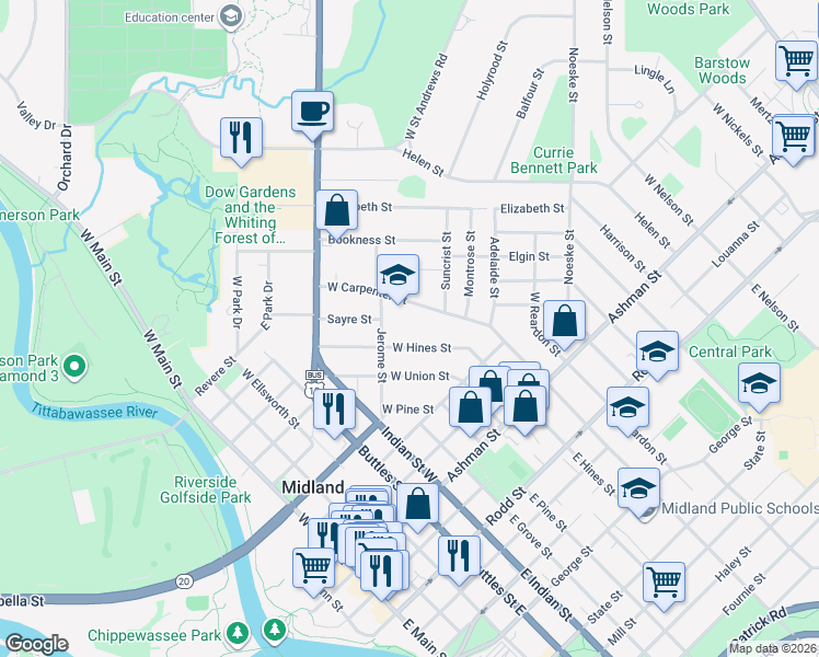 map of restaurants, bars, coffee shops, grocery stores, and more near 1407 West Carpenter Street in Midland