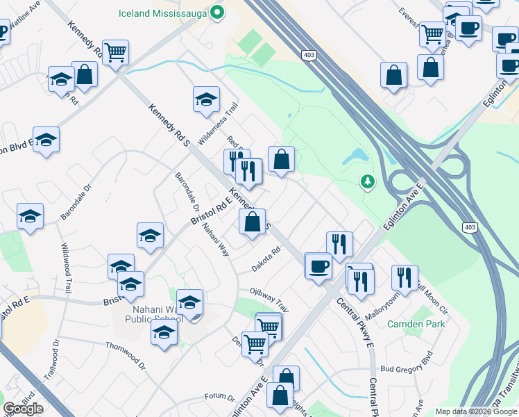 map of restaurants, bars, coffee shops, grocery stores, and more near 517 Kennedy Road in Mississauga