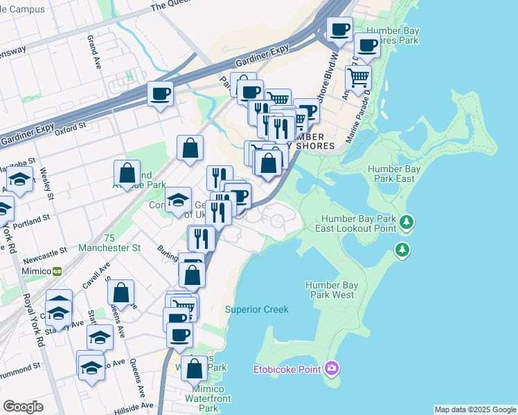 map of restaurants, bars, coffee shops, grocery stores, and more near 2267 Lake Shore Boulevard West in Toronto