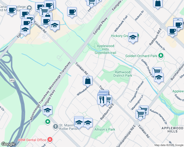 map of restaurants, bars, coffee shops, grocery stores, and more near 4300 Lee Drive in Mississauga