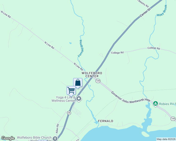 map of restaurants, bars, coffee shops, grocery stores, and more near 11 North Line Road in Wolfeboro