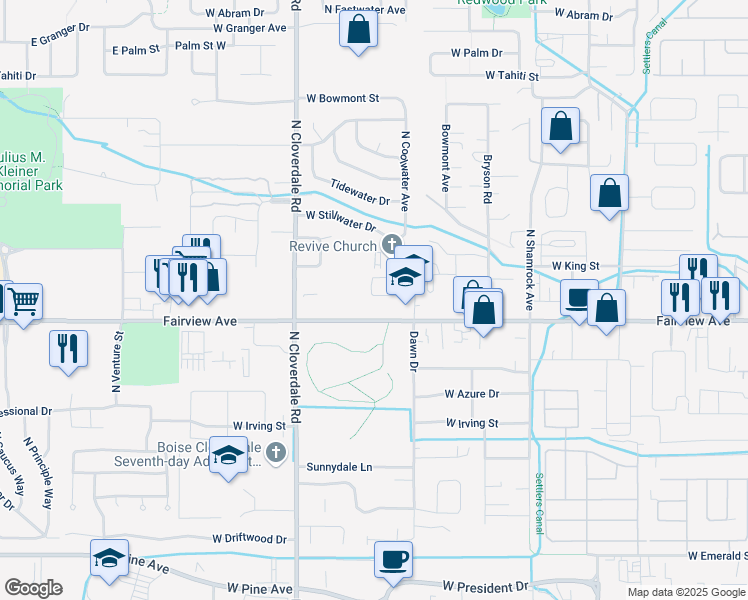 map of restaurants, bars, coffee shops, grocery stores, and more near 11931 Clover Field Lane in Boise