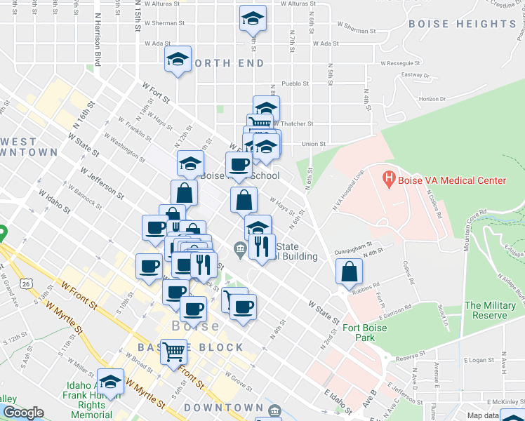map of restaurants, bars, coffee shops, grocery stores, and more near 623 West Hays Street in Boise